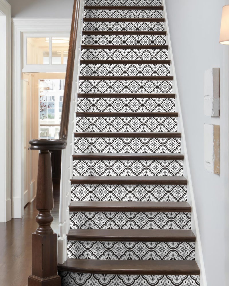 FLFK Black Patterns Stair Stickers - Set of 15, Peel and Stick Stair Riser Decals, 39.3"x7.08" - Image 1