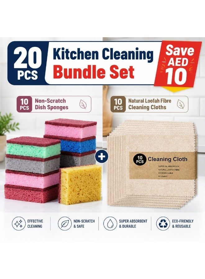 20PCS Kitchen Cleaning Set, 10 Non-Scratch Dish Sponges + 10 Natural Loofah Cleaning Cloths, Reusable Scrub Pads & Dish Cloths for Dishes, Pots, Pans, Countertops and Home Cleaning - Image 1