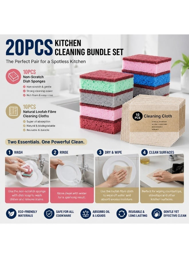 20PCS Kitchen Cleaning Set, 10 Non-Scratch Dish Sponges + 10 Natural Loofah Cleaning Cloths, Reusable Scrub Pads & Dish Cloths for Dishes, Pots, Pans, Countertops and Home Cleaning - Image 3