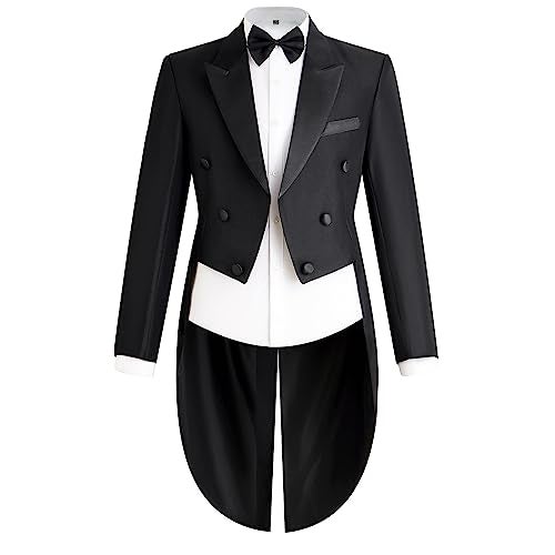 Catheive Mens Tailcoat Suit Jacket Tuxedo Double Breast Swallow Tail Coat Pants Bow Tie Black - Image 3
