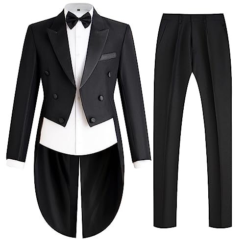 Catheive Mens Tailcoat Suit Jacket Tuxedo Double Breast Swallow Tail Coat Pants Bow Tie Black - Image 2