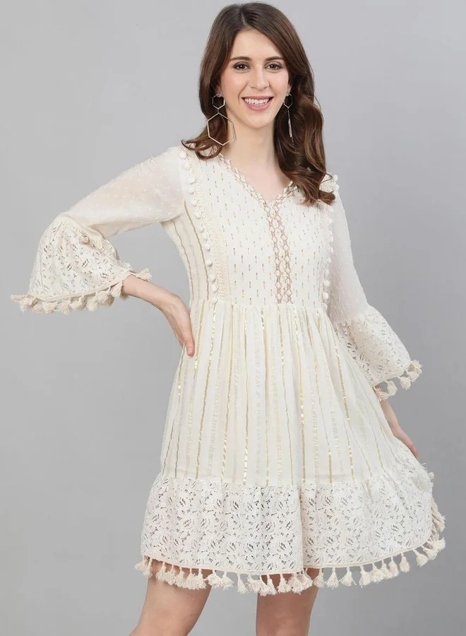 آي شين ISHIN Tassel Trim Lace Insert Mini Dress
