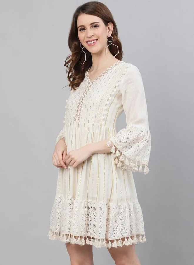 Ishin  ISHIN Tassel Trim Lace Insert Mini Dress for Women | Best Price UAE