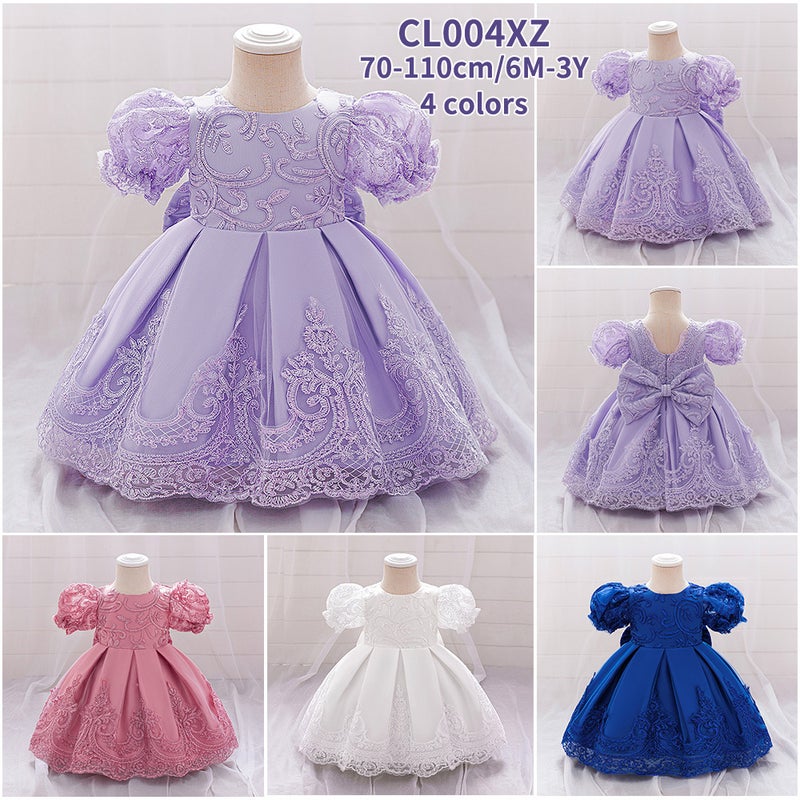 New Long Skirt Children'S Princess Skirt Puff Sleeve Forged Cloth Party Dress Bow Baby One-Year-Old Baptism Suit - Image 2