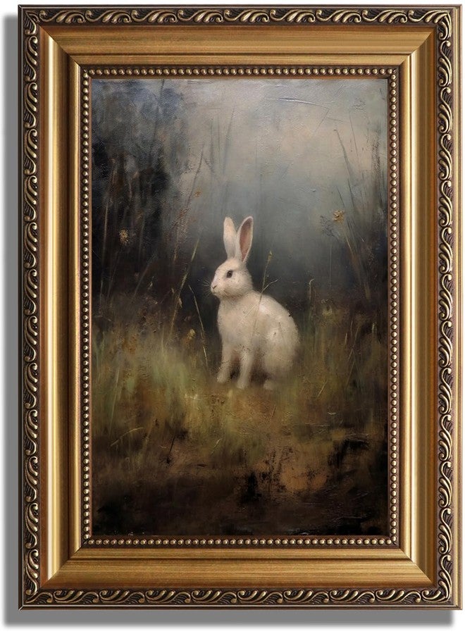 KBKBART Vintage Framed Wall Art for Living Room, Dark Academia Decor Wild Hare Rabbit Vintage Oil Painting, Retro Animal Bunny Canvas Art Prints Wall Decor for Dark Aesthetic, Gold Framed Artwork, 9"x12" - Image 1