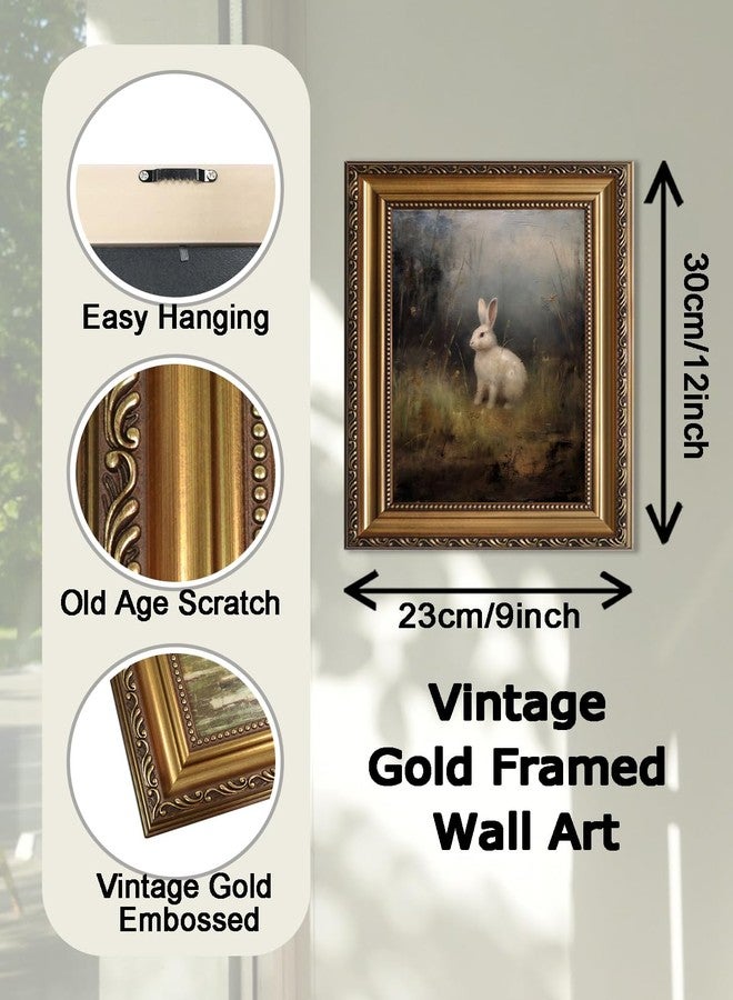 KBKBART Vintage Framed Wall Art for Living Room, Dark Academia Decor Wild Hare Rabbit Vintage Oil Painting, Retro Animal Bunny Canvas Art Prints Wall Decor for Dark Aesthetic, Gold Framed Artwork, 9"x12" - Image 2