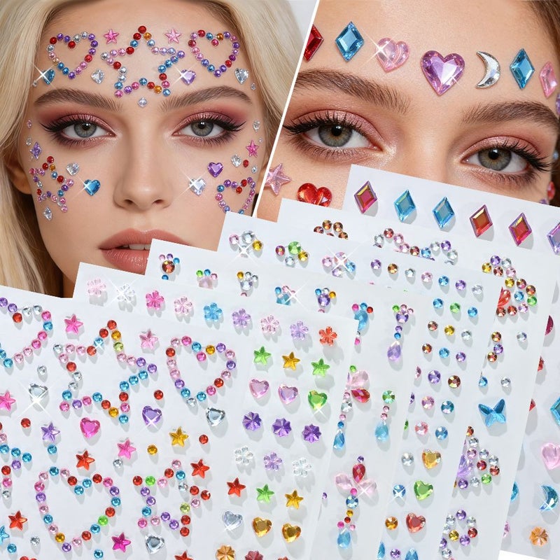 6 Sheets Multi Color Self Adhesive Rhinestone Stickers Mixed Face Gems And Body Jewels Heart Star Moon For Festival Rave Party Halloween Makeup Nail Art Decorations - Image 1