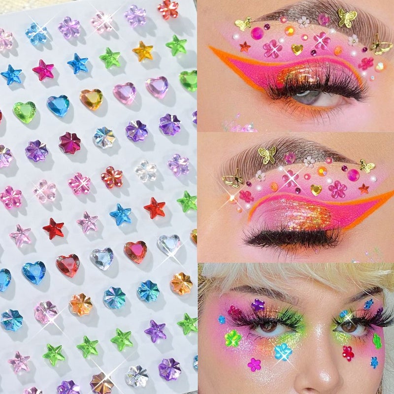 6 Sheets Multi Color Self Adhesive Rhinestone Stickers Mixed Face Gems And Body Jewels Heart Star Moon For Festival Rave Party Halloween Makeup Nail Art Decorations - Image 5