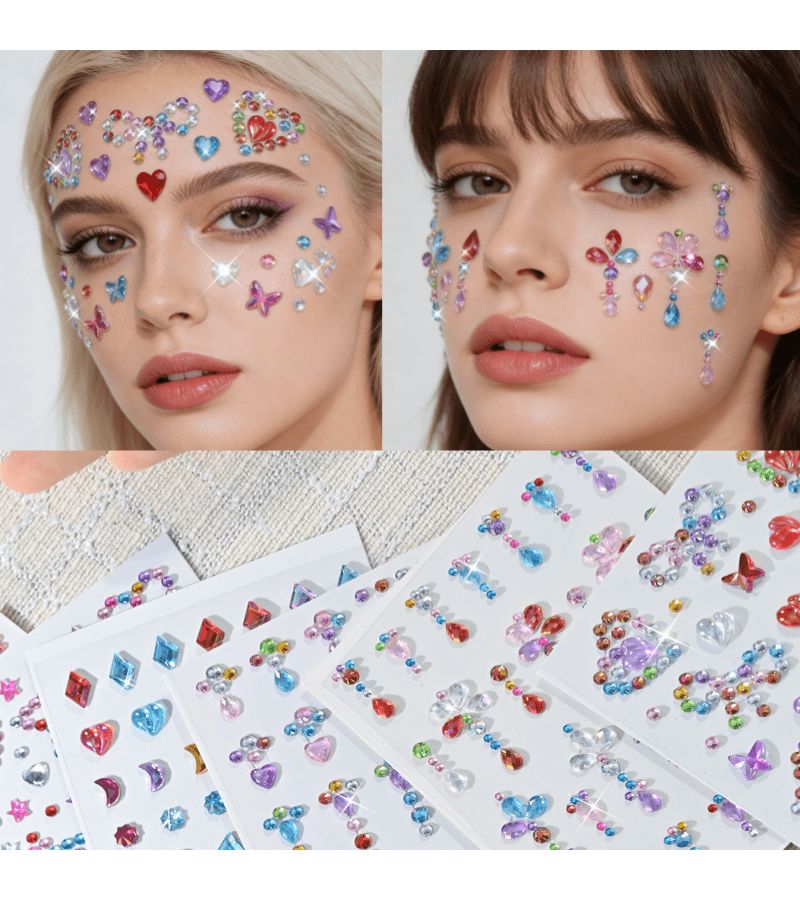 6 Sheets Multi Color Self Adhesive Rhinestone Stickers Mixed Face Gems And Body Jewels Heart Star Moon For Festival Rave Party Halloween Makeup Nail Art Decorations - Image 3