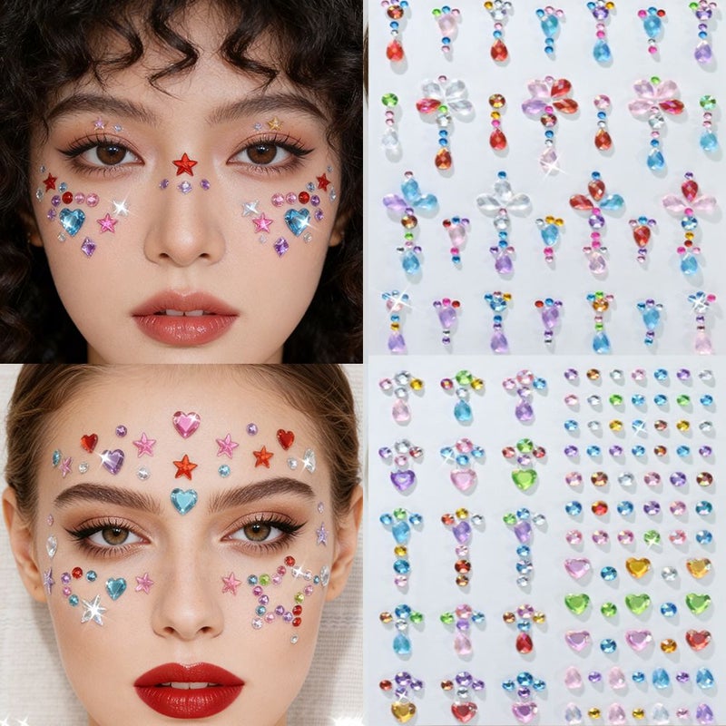 6 Sheets Multi Color Self Adhesive Rhinestone Stickers Mixed Face Gems And Body Jewels Heart Star Moon For Festival Rave Party Halloween Makeup Nail Art Decorations - Image 2