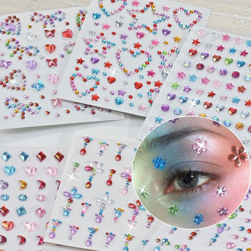 6 Sheets Multi Color Self Adhesive Rhinestone Stickers Mixed Face Gems And Body Jewels Heart Star Moon For Festival Rave Party Halloween Makeup Nail Art Decorations - Image 4