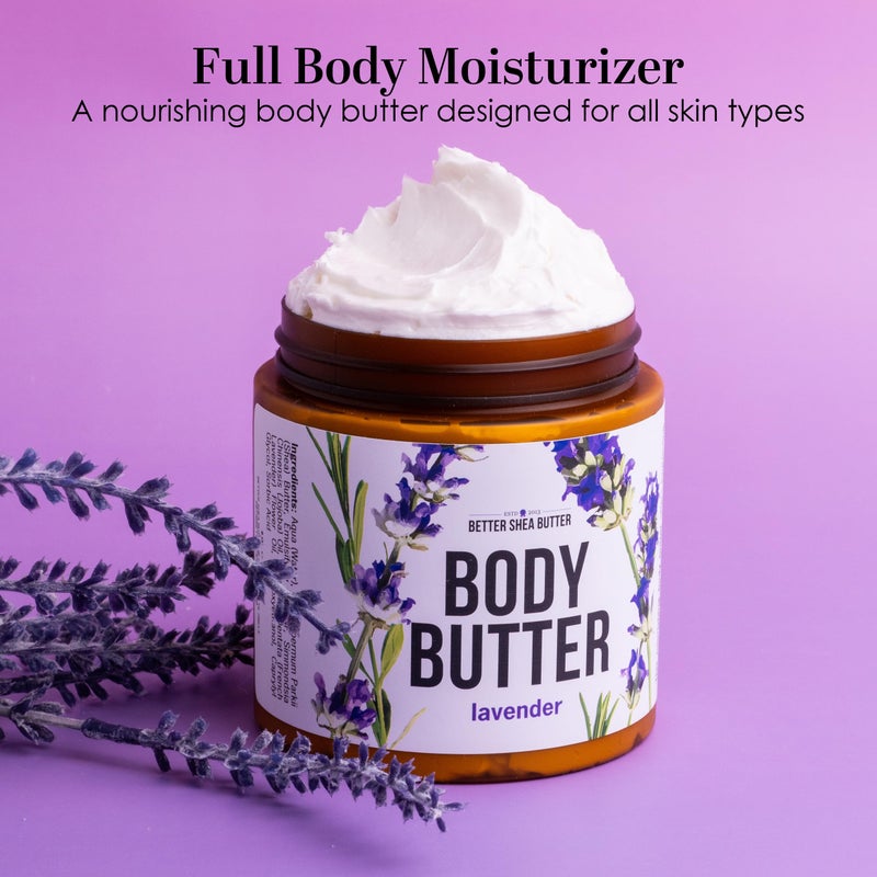 Better Shea Butter زبدة الجسم باللافندر مع زبدة الشيا، الجوجوبا وزيت اللافندر العطري - لوشن طبيعي للنساء، مرطب غير دهني للبشرة الجافة، كريم جسم مخفوق - Image 5