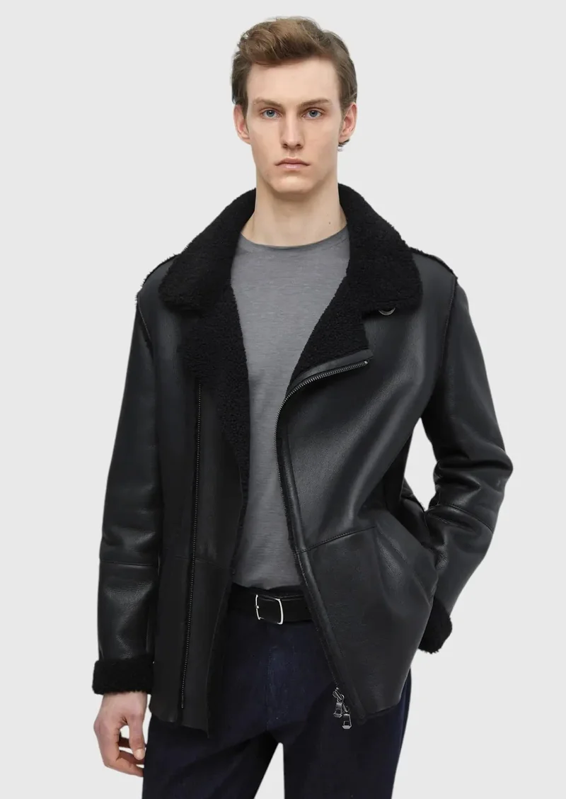 RAMSEY Black Regular Fit Shirt Collar Casual Fur Leather Coat