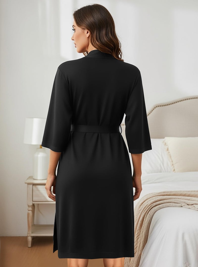 NY Threads روب نسائي طويل من NY Threads، روب حمام محبوك بأكمام 3/4، كيمونو ناعم، خفيف الوزن، ملابس مريحة، كبير، أسود - Image 2