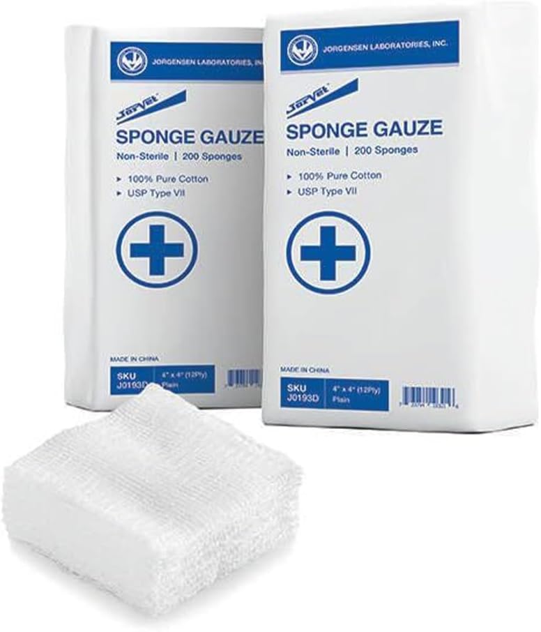 JorVet Premium 4 X 4 Cotton Sponge Gauze Pads  High Absorbency USP Grade Sponges for First Aid  Gentle Wound Care Sponges for Veterinary Use  Trusted by Pros  Made for Comfort  200 Count