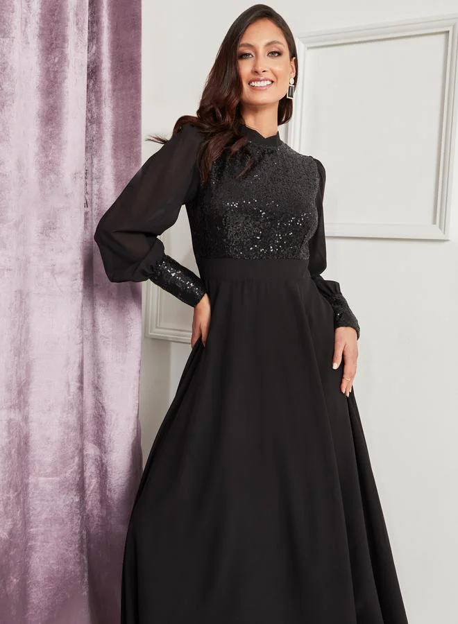 Closet Long Volume Sleeves Sequin Detail A-Line Maxi Dress