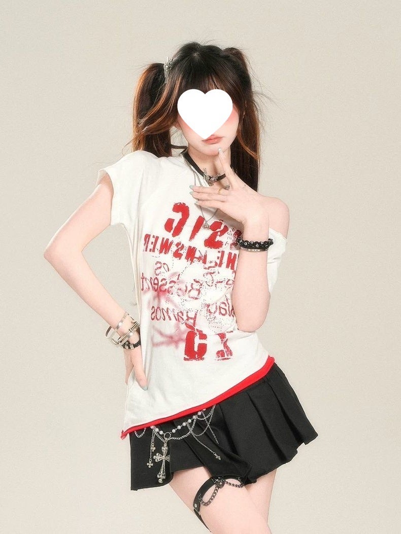 Korean Style Pure Desire Sweet Cool Y2K Slanted Shoulder Short-Sleeved T-Shirt Women'S Summer Wasteland Style Punk Slim Slimming Look Short Top - Image 4