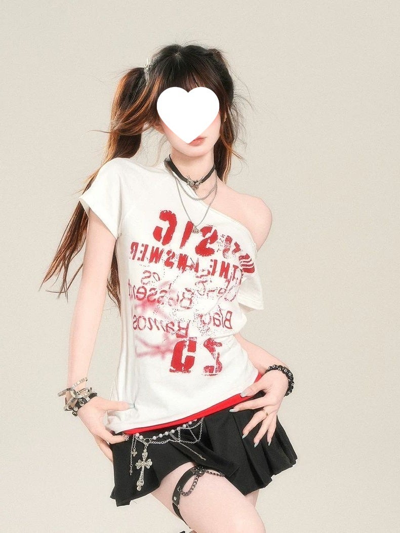 Korean Style Pure Desire Sweet Cool Y2K Slanted Shoulder Short-Sleeved T-Shirt Women'S Summer Wasteland Style Punk Slim Slimming Look Short Top - Image 2