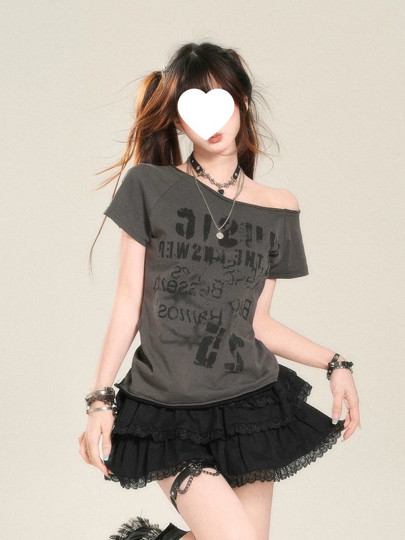 Korean Style Pure Desire Sweet Cool Y2K Slanted Shoulder Short-Sleeved T-Shirt Women'S Summer Wasteland Style Punk Slim Slimming Look Short Top - Image 3