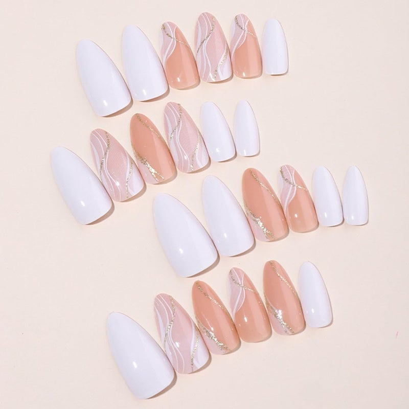 CTTHNBD Almond Press on Nails Medium - Fall Fake Nails with Gold Line Design - White Full Cover Stick on False Nails - for Women 24 Pcs - Image 2