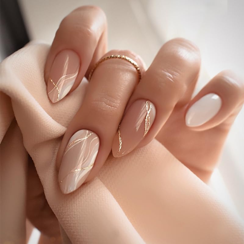 CTTHNBD Almond Press on Nails Medium - Fall Fake Nails with Gold Line Design - White Full Cover Stick on False Nails - for Women 24 Pcs - Image 1
