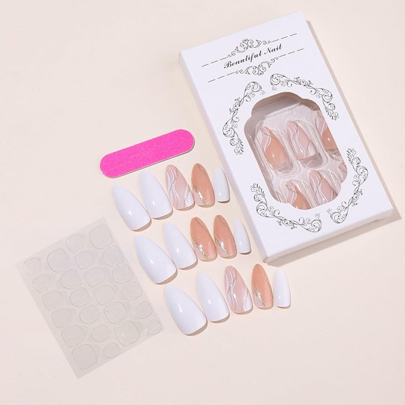 CTTHNBD Almond Press on Nails Medium - Fall Fake Nails with Gold Line Design - White Full Cover Stick on False Nails - for Women 24 Pcs - Image 3