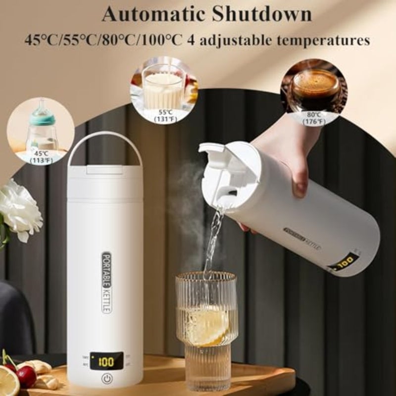 Travel water boiler for coffee, milk tea: 304 stainless steel, white, portable with 4 presets, auto shut-off boil-dry protection, BPA-free 500ML - Image 3