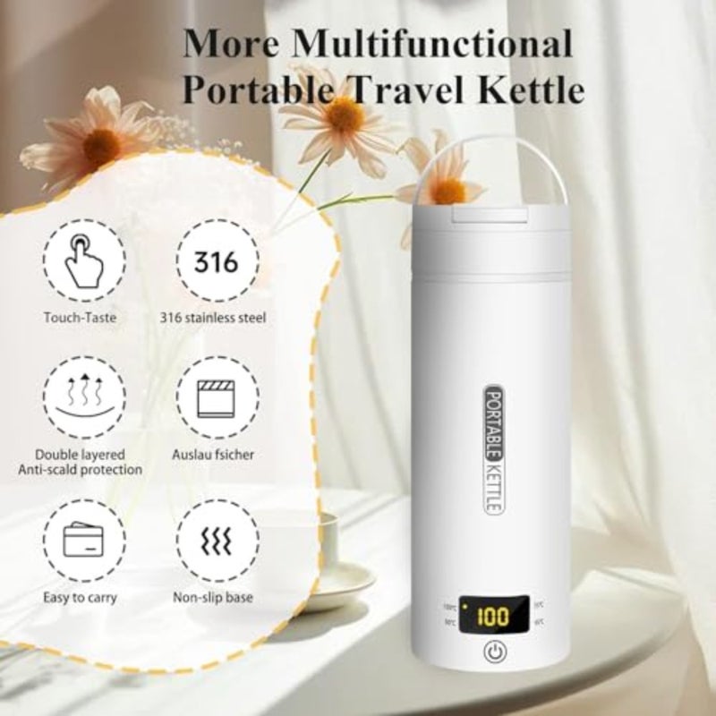 Travel water boiler for coffee, milk tea: 304 stainless steel, white, portable with 4 presets, auto shut-off boil-dry protection, BPA-free 500ML - Image 2