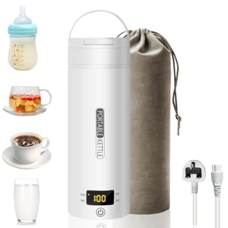 Travel water boiler for coffee, milk tea: 304 stainless steel, white, portable with 4 presets, auto shut-off boil-dry protection, BPA-free 500ML - Image 1