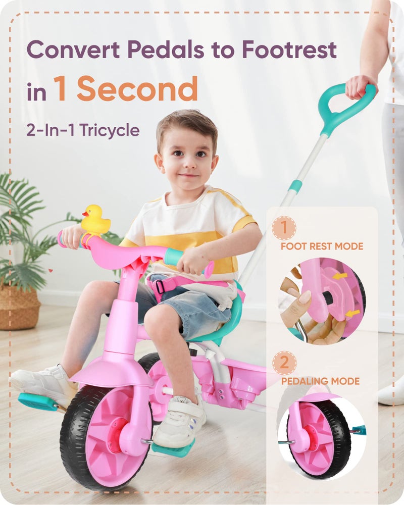 KRIDDO 2 in 1 Kids Tricycles Age 18 Month to 3 Years EVA Wheels Upgraded Gift Trikes for Toddlers 2 to 3 Year Old with Push Handle and Duck Bell Pink - Image 3