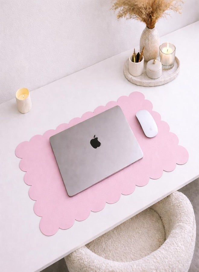 Orelle Pink Scalloped Desk Mat | Vegan Leather Desk Mat for Keyboard and Mouse, Laptop, Makeup Vanity | Computer Desk Pad Mat | Office Desk Cover Mat | Desk Blotter Mat | 30 x 15” | Pink - Image 2