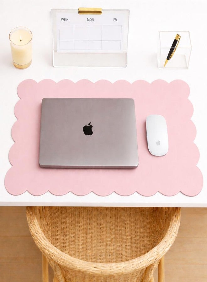 Orelle Pink Scalloped Desk Mat | Vegan Leather Desk Mat for Keyboard and Mouse, Laptop, Makeup Vanity | Computer Desk Pad Mat | Office Desk Cover Mat | Desk Blotter Mat | 30 x 15” | Pink - Image 1