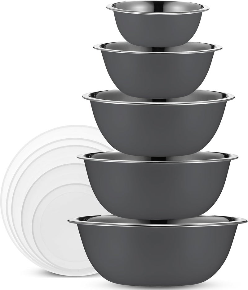 WHYSKO Stainless Steel Mixing Bowl Set 10 Piece Stainless Steel Mixing Bowls with Lids Set for Food Prep Storage and Serving Dishwasher Safe Microwave Safe for Kitchen Baking Cooking Grey - Image 1