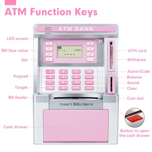 BAODLON Pink Piggy Bank for Kids ATM Machine Bank for Real Money with Debit Card Bill Feeder Coin Recognition Balance Calculator Electronic Savings Safe Box Cool Stuff Toys Gifts for Teen Girl - Image 5
