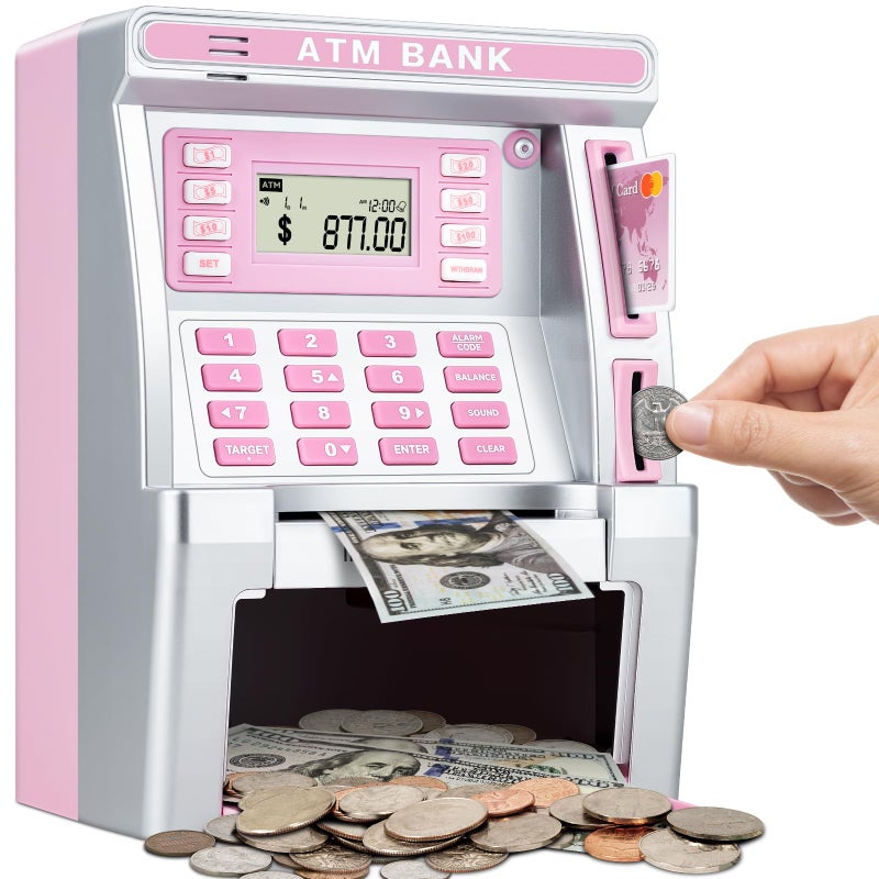BAODLON Pink Piggy Bank for Kids ATM Machine Bank for Real Money with Debit Card Bill Feeder Coin Recognition Balance Calculator Electronic Savings Safe Box Cool Stuff Toys Gifts for Teen Girl - Image 2
