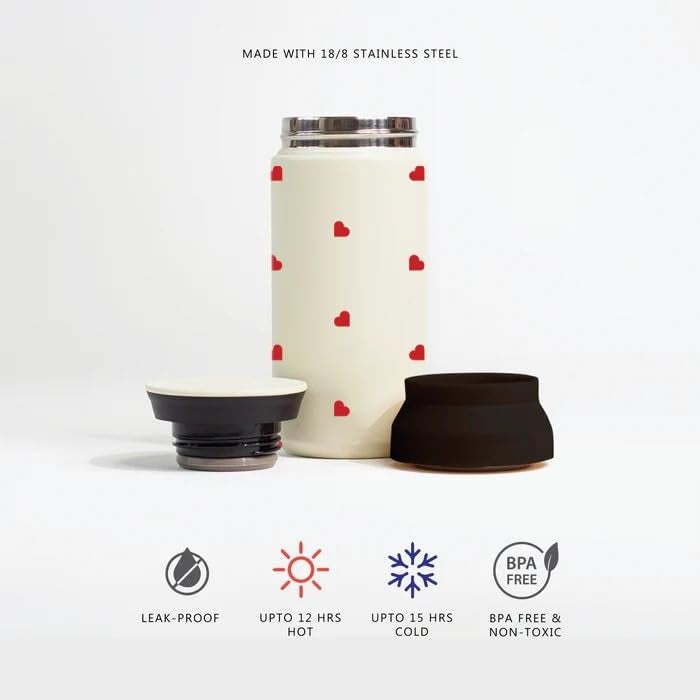 The Messy Corner Coffee Tumbler – Ivory Stainless Steel 350ml | Leak-Proof Insulated Travel Mug for Gym, Office & Vacation | 12hr Hot & 15hr Cold Retention | Hearts Print - Image 3