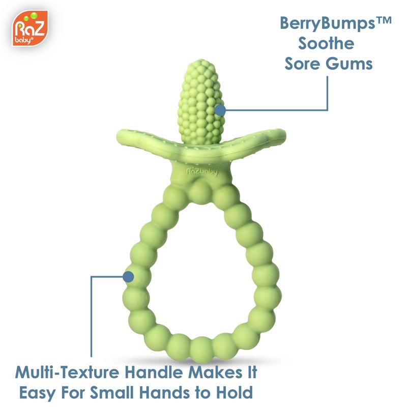 RaZbaby Silicone Baby Teether, BerryBumps Textured Silicone Soothes Babies’ Sore Gums, Infant Front and Back Teething Relief Toy, BPA Free, Easy-to-Hold, RaZberry Plus Fruit Shape, 3M+ – Green - Image 2