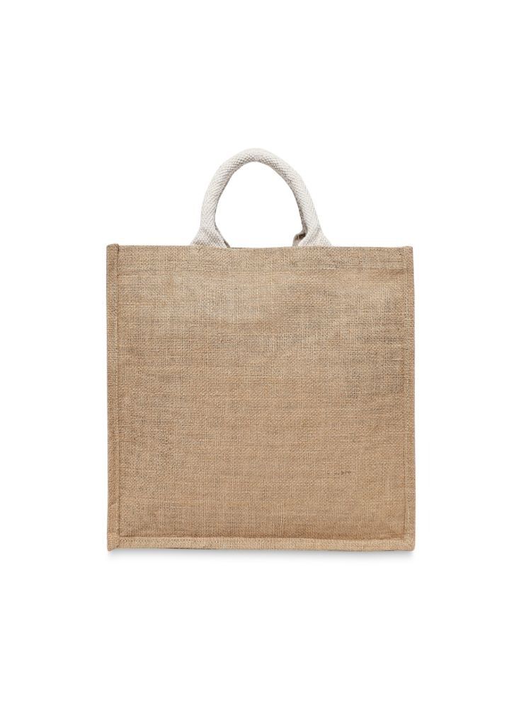 BYFT Laminated Jute Tote Bags with Gusset (Natural) Reusable Eco Friendly Shopping Bag (33.02 x 10.16 x 33.02 Cm) Set of 24 Pcs  - Image 1