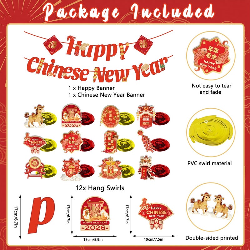 CHYAGCLT Chinese New Year Decorations 2026, Happy Chinese New Year Banner with Hanging Swirls Lunar New Year Decorations The Year of The Horse for Spring Festival Party Decorations - Image 3