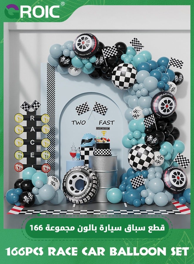 GROIC 166Pcs Race Car Balloon Set, Car Balloon Garland Arch Kit, Dusty Blue Black Latex Balloon Wheel Checkered Foil Balloons for Birthday Party Decoration, Baby Shower, Wedding, Party Supplies - Image 1