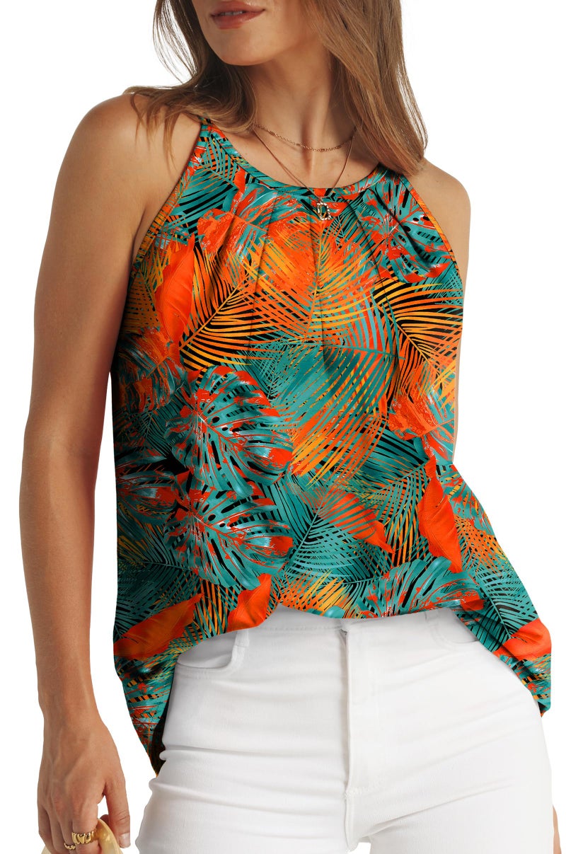 WIHOLL Hawaiian Outfits for Women Summer Halter Tops Casual Tank Tops Scoop Neck Floral L - Image 2