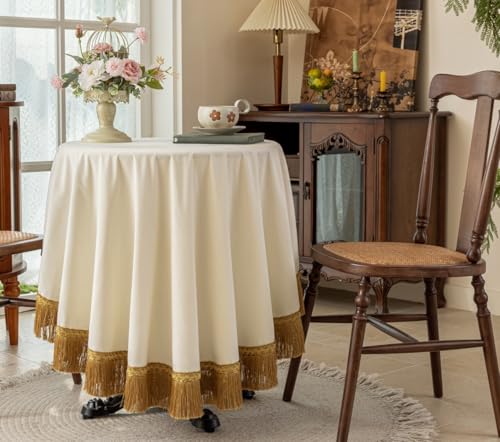 F-CHU White 60 Inch Round Tablecloth Thickset Velvet Tablecloth with Beautiful Gold Tassels Vintage Table Cloth for Home Decor Wedding, Party, Banquet and Events 60" Round - Image 1