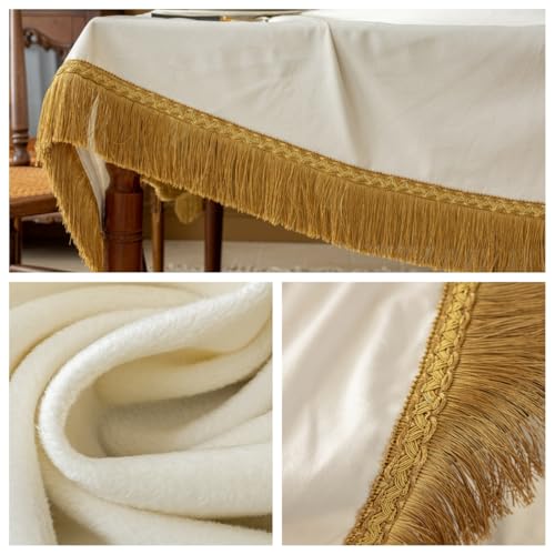 F-CHU White 60 Inch Round Tablecloth Thickset Velvet Tablecloth with Beautiful Gold Tassels Vintage Table Cloth for Home Decor Wedding, Party, Banquet and Events 60" Round - Image 4