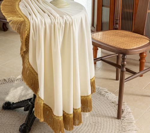 F-CHU White 60 Inch Round Tablecloth Thickset Velvet Tablecloth with Beautiful Gold Tassels Vintage Table Cloth for Home Decor Wedding, Party, Banquet and Events 60" Round - Image 5