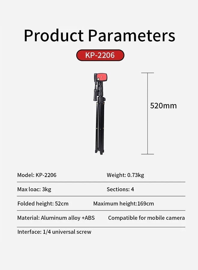 Jmary KP‚Äë2206 Multi‚ÄëFunctional Adjustable Portable Camera Tripod Stand ‚Äì Up to 169‚ÄØcm Height, 360¬∞ Pan Ball Head, 1/4‚Ä≥ Screw Mount, Lightweight Aluminum & ABS ‚Äì DSLR, Mobile & Action Camera Ready - Image 3