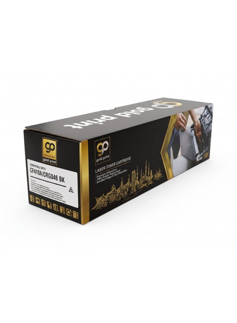 طباعة الذهب Gold Print Premium Toner Cartridge Universal Toner CF410A  CRG046 Black, Compatible for HP Color LaserJet Pro M452dw, 452dn, 452nw, HP Color LaserJet Pro MFPM477fnw, M477fdn, M477fdw, MFP M377dw, Canon Color imageCLASS LBP654Cdw, MF735Cdw, MF731Cdw, MF733Cdw, Canon Color I-SENSYS LBP654Cx, 653Cdw, MF732Cdw, 734Cdw, 735Cx, Canon Satera MF731Cdw, LBP654C, LBP652C, LBP651C, MF735Cdw, MF733Cdw, HP Color For Use With: HP LaserJet Enterprise and Canon printer (Japan Powder) - Image 1