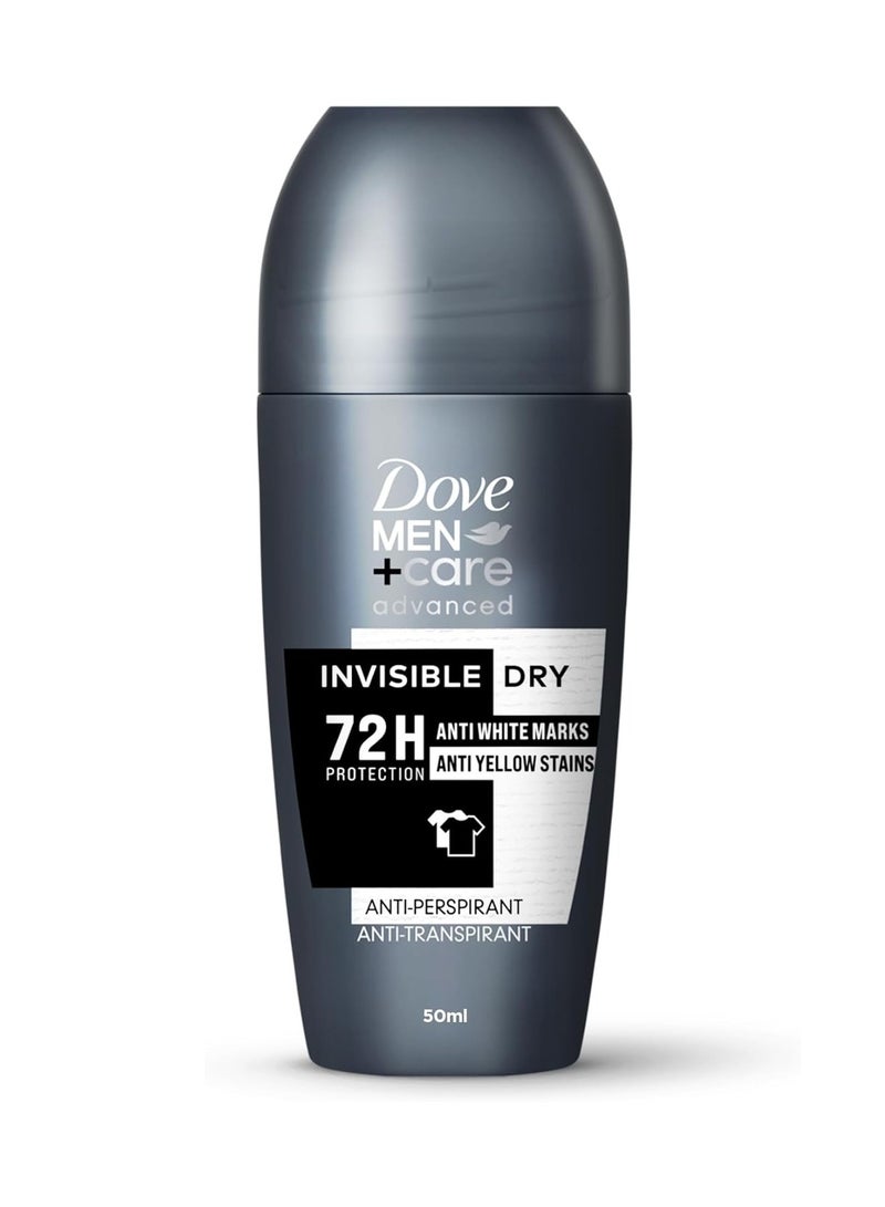 Dove Men+Care Advanced Antiperspirant Roll-On Deodorant, Invisible Dry, Moisturizer & 72H Protection, Anti-White Marks and Yellow Stains, 50ml