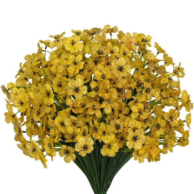 15 BUNDLES ARTIFICIAL FLOWERS UV RESISTANT OUTDOOR PLANTS NO FADE FAUX PLASTIC SHRUBS FAKE SILK FLOWERS WINDOW BOX GARDEN PORCH HOME DECORATION YELLOW