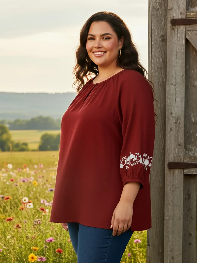 globus Globus Gloplus Women Maroon Keyhole Detail Round Neck Floral Embroidered Raglan Sleeves Plus Size Top