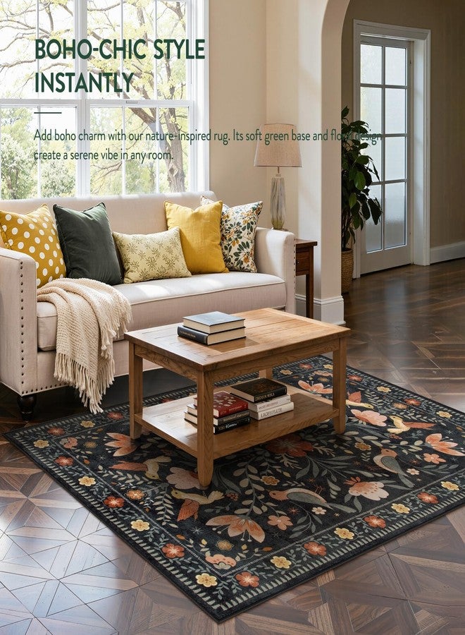 Moynesa Bedroom Rug 5x7, Washable Modern Transitional Black Area Rugs for Living Room Dining Room, Farmhouse Floral Bird Print Carpet, Folk Art Home Decor Open Floor Areas Non-Slip Protection - Image 2